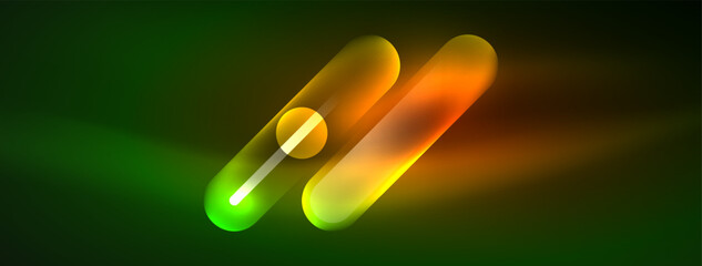 A liquidfilled capsule with a green and orange glow is floating on a dark background. Resembling a pharmaceutical drug or medicine, it emits a soft light like automotive lighting