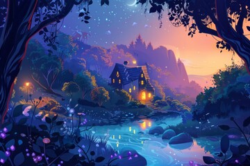 Obraz premium illustration of a charming fairy landscape at dusk with soft lighting