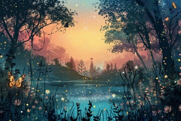 A illustration of a charming fairy landscape at dusk with soft lighting