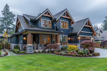 Artistic photography of the exterior front view of an elegant and perfectly symmetrical craftsman style home in British Columbia. Created with Ai