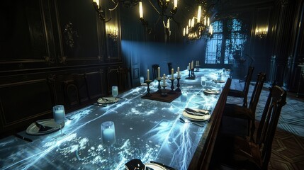 An e-textile tablecloth with interactive projections for dining experiences, - obrazy, fototapety, plakaty