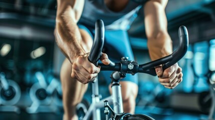 A man using a stationary bike for indoor cycling. 