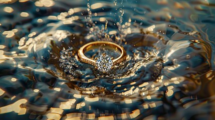 Craft a narrative around the surreal image of a luxurious gold diamond ring defying gravity as it...