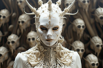 Baroque Futurism: Ornate Figure with Horned Mask and Skull Ensemble in a Vision of Avant-Garde Elegance