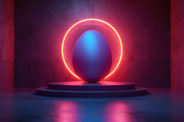 3D rendering of a neon pink circle on a concrete podium with an easter eggs background. Created with Ai 