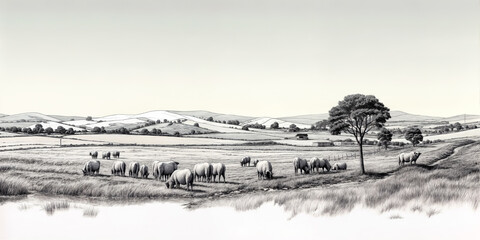 Monochromatic Pastoral Landscape with Grazing Sheep, Rolling Hills, and Lone Trees in Rural Serenity