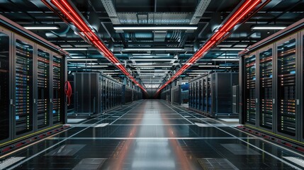 An exascale computing facility with rows of supercomputers processing complex data,