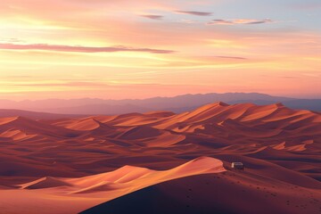 Fototapeta na wymiar The sun dips below the horizon, casting a warm golden glow over the smooth, windswept sand dunes of a vast and majestic desert landscape. The sun sets over a vast desert. Resplendent.