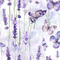 Butterflies and lavender fields, tranquil watercolor, seamless pattern, soft purples and greens, peaceful harmony. Seamless Pattern, Fabric Pattern, Tumbler Wrap, Mug Wrap.