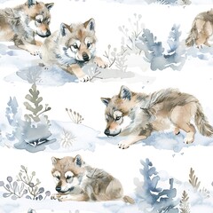 Wolf pups playing in the snow, joyful watercolor, seamless pattern, soft whites and icy blues, winter fun. Seamless Pattern, Fabric Pattern, Tumbler Wrap, Mug Wrap.