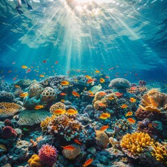 A colorful coral reef with colorful fish, sun rays shining through the water, a beautiful underwater landscape with vibrant colors in the style of national geographic photography