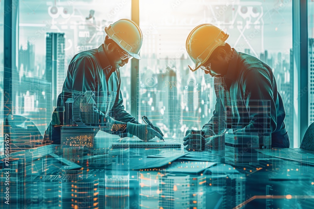 Aufkleber industrial engineers working together on constructing infrastructure in a manufacturing setting