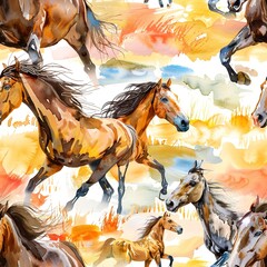 Galloping horses across open fields, dynamic watercolor, seamless pattern, flowing manes, freedomâ€™s spirit, vivid landscapes.Seamless Pattern, Fabric Pattern, Tumbler Wrap, Mug Wrap.