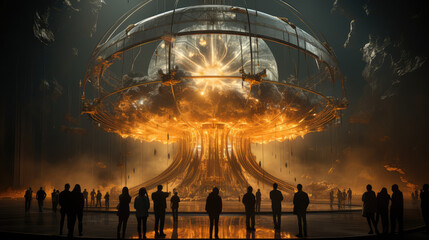 A huge futuristic dome with people standing around it, inside the dome is an enormous mushroom cloud made of smoke and fire. Created with Ai - obrazy, fototapety, plakaty