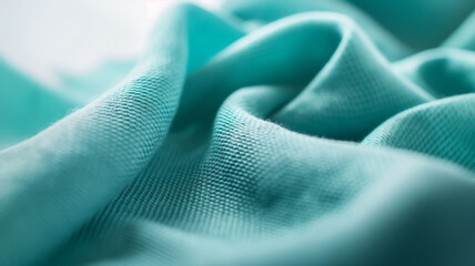 Soft teal fabric with intricate weave and gentle folds, giving a sense of calm and comfort.