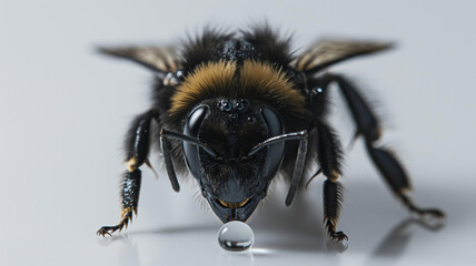 Close-up of a bumblebee with a water droplet, detailed view of the insect's features and fur.