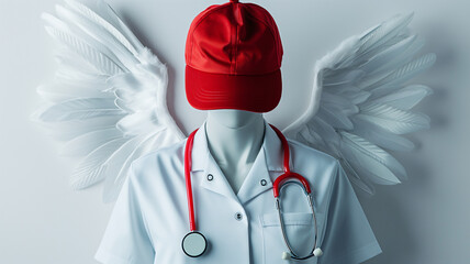 Mannequin in medical uniform with wings and red cap, concept of healthcare heroes or angelic medical staff.