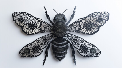 Artistic representation of a bee with intricate floral patterns on its wings against a white backdrop.