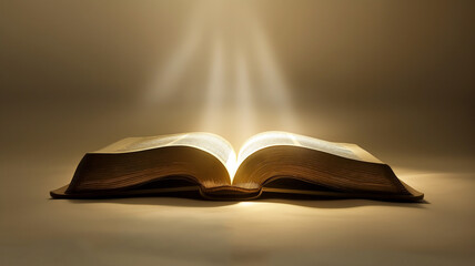 An open book illuminated by a divine light, symbolizing enlightenment, knowledge, and wisdom.