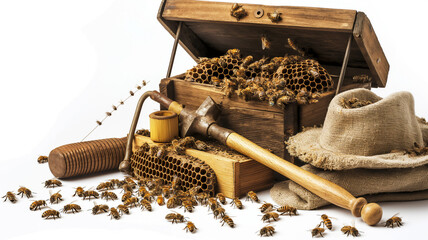 Beekeeping equipment and bees: wooden hive, honeycomb, smoker, and protective gear, apiculture essentials.