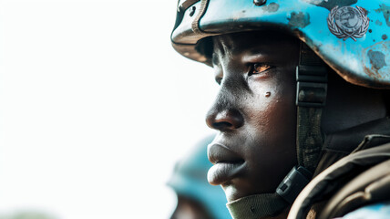 Close-up of a UN peacekeeper in helmet, focused and solemn expression, representing duty and service.