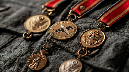 Several military medals with emblems and ribbons on a textured fabric.