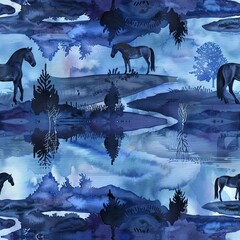 Horses by the river at dusk, serene watercolor, seamless pattern, reflective waters, twilight blues, peaceful silhouettes. Seamless Pattern, Fabric Pattern, Tumbler Wrap, Mug Wrap.