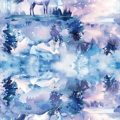 Unicorns by crystal lakes, serene watercolor, seamless pattern, reflective waters, soft blues and purples, peaceful moments. Seamless Pattern, Fabric Pattern, Tumbler Wrap, Mug Wrap.