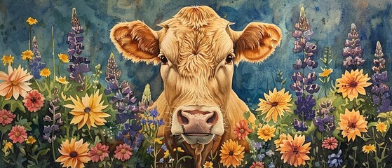 Heartwarming watercolor painting capturing a Scottish cow in a picturesque setting of vibrant, blooming flowers