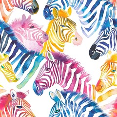 Zebras with colorful manes, whimsical watercolor, seamless pattern, rainbow hues, wild beauty, festive spirits. Seamless Pattern, Fabric Pattern, Tumbler Wrap, Mug Wrap.
