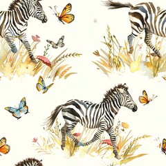 Fototapeta na wymiar Playful zebras chasing butterflies, lively watercolor, seamless pattern, fluttering wings, vibrant meadows, joyful pursuits. Seamless Pattern, Fabric Pattern, Tumbler Wrap, Mug Wrap.