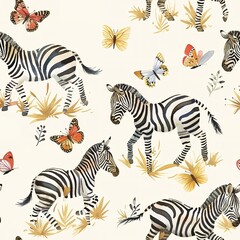 Playful zebras chasing butterflies, lively watercolor, seamless pattern, fluttering wings, vibrant meadows, joyful pursuits. Seamless Pattern, Fabric Pattern, Tumbler Wrap, Mug Wrap.
