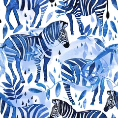Foto op Canvas Zebras and monsoon rains, refreshing watercolor, seamless pattern, cool blues, raindrop rhythms, rejuvenating scenes.Seamless Pattern, Fabric Pattern, Tumbler Wrap, Mug Wrap. © Thanthara