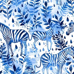 Zebras and monsoon rains, refreshing watercolor, seamless pattern, cool blues, raindrop rhythms, rejuvenating scenes. Seamless Pattern, Fabric Pattern, Tumbler Wrap, Mug Wrap.