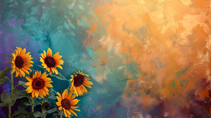 abstract watercolor background, Border of fresh sunflowers on colorful background.