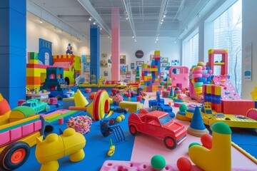 Vibrant and dynamic play area adorned with a multitude of colorful toys available for sale