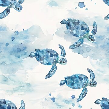 Baby turtles on their first swim, adventurous watercolor, seamless pattern, sparkling blues, hopeful beginnings, ocean journey. Seamless Pattern, Fabric Pattern, Tumbler Wrap, Mug Wrap.