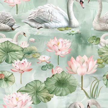 Swans and water lilies, serene watercolor, seamless pattern, soft pinks and greens, tranquil pond beauty. Seamless Pattern, Fabric Pattern, Tumbler Wrap, Mug Wrap.