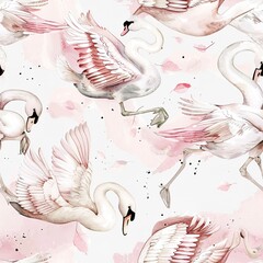 Swans with ballet slippers, elegant watercolor, seamless pattern, pastel pinks and whites, dance of beauty.Seamless Pattern, Fabric Pattern, Tumbler Wrap, Mug Wrap.