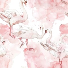 Swans with ballet slippers, elegant watercolor, seamless pattern, pastel pinks and whites, dance of beauty. Seamless Pattern, Fabric Pattern, Tumbler Wrap, Mug Wrap. - obrazy, fototapety, plakaty