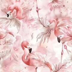 Baby flamingos and soft feathers, tender watercolor, seamless pattern, pastel pinks and fluffy textures, gentle warmth. Seamless Pattern, Fabric Pattern, Tumbler Wrap, Mug Wrap.