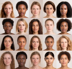 Obraz premium A modeling agency casting. Black and white women. Diversity. Phenotype. African and Caucasian, blond and brunette females. Interracial variety. Genes. Inclusivity. Model management. Audition. Youth
