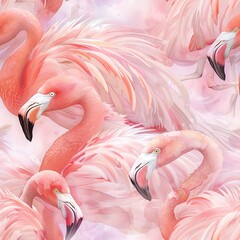Baby flamingos and soft feathers, tender watercolor, seamless pattern, pastel pinks and fluffy textures, gentle warmth. Seamless Pattern, Fabric Pattern, Tumbler Wrap, Mug Wrap.
