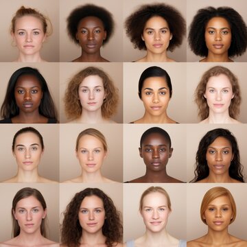 ID photos. Visa. Passport. A modeling agency casting. Black and white women. Diversity. Portfolio of a fashion model. Runway. Genes. Model management. 16 female portraits on pastel, beige background