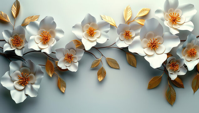 3D Paper Cuttings of white flowers on the wall, white background. Created with Ai