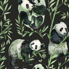 Pandas and heart-shaped bamboo, romantic watercolor, seamless pattern, love greens and soft blacks, affectionate munching. Seamless Pattern, Fabric Pattern, Tumbler Wrap, Mug Wrap. - obrazy, fototapety, plakaty