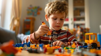 Young boy using a screwdriver to assemble imaginative toys and creating innovative designs