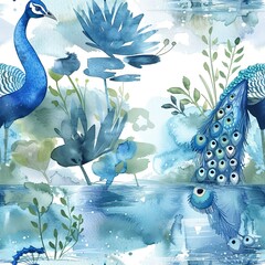 Peacocks by tranquil ponds, serene watercolor, seamless pattern, reflective blues and peaceful greens, calm waters. Seamless Pattern, Fabric Pattern, Tumbler Wrap, Mug Wrap.
