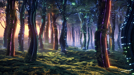 Dawn in a digital forest with color-changing LED trees and a green digital moss carpet.