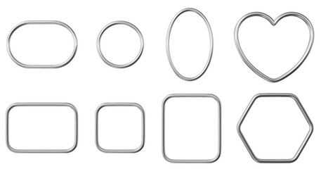3d metal frames set of geometric shapes: circle, oval, rectangle, square, heart, hexagon. Realistic shiny pink border collection. Stock vector illustration on isolated background.	
